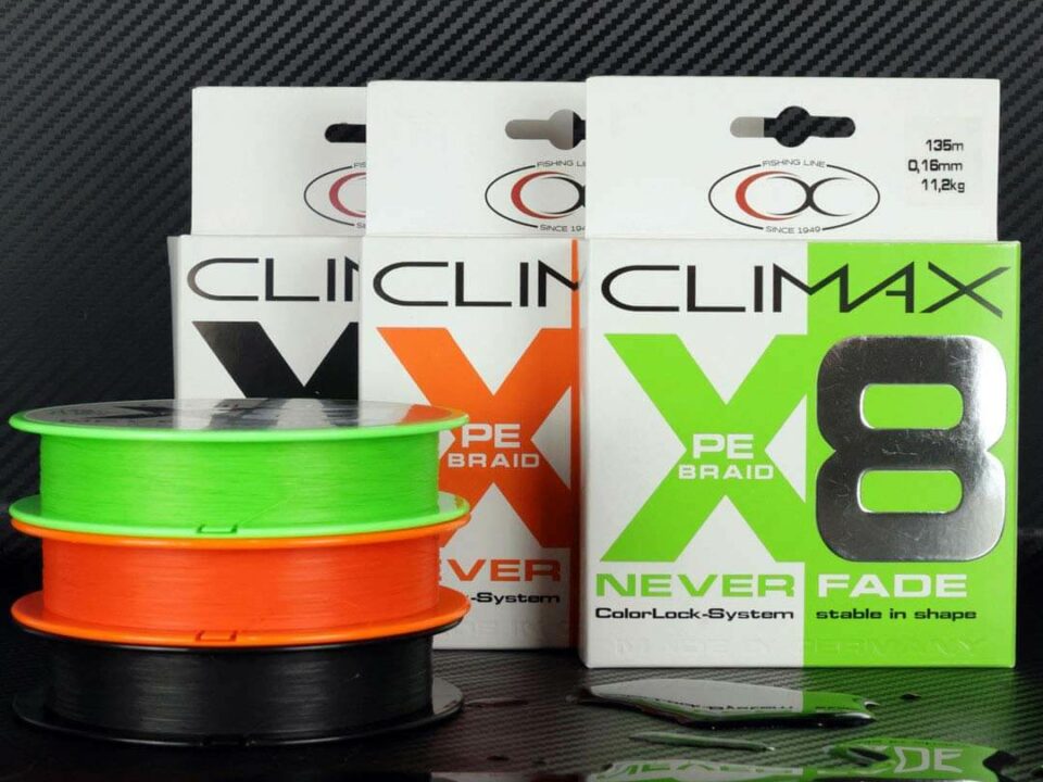 Climax Neverfade Verpackung orange chartreuse schwarz black Spule Schnur