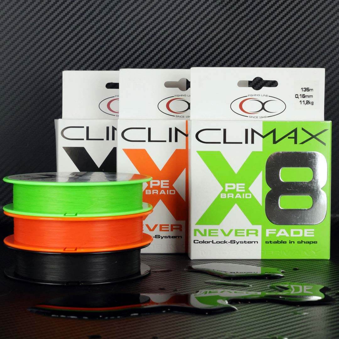 Climax Neverfade Verpackung orange chartreuse schwarz black Spule Schnur