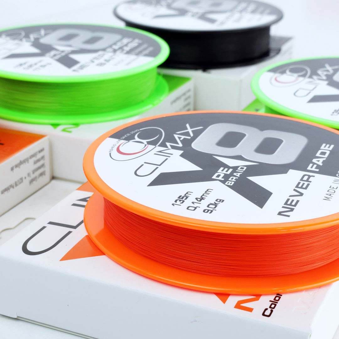 Climax Neverfade Verpackung orange chartreuse schwarz black Spule Schnur