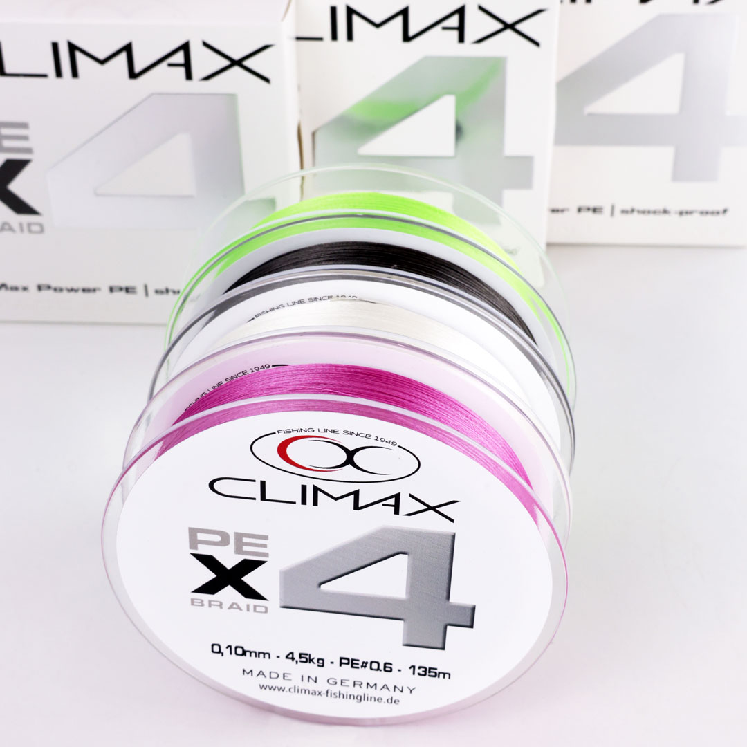 Climax X4 Verpackung purple schwarz black weiß white chantreuse Spule Schnur