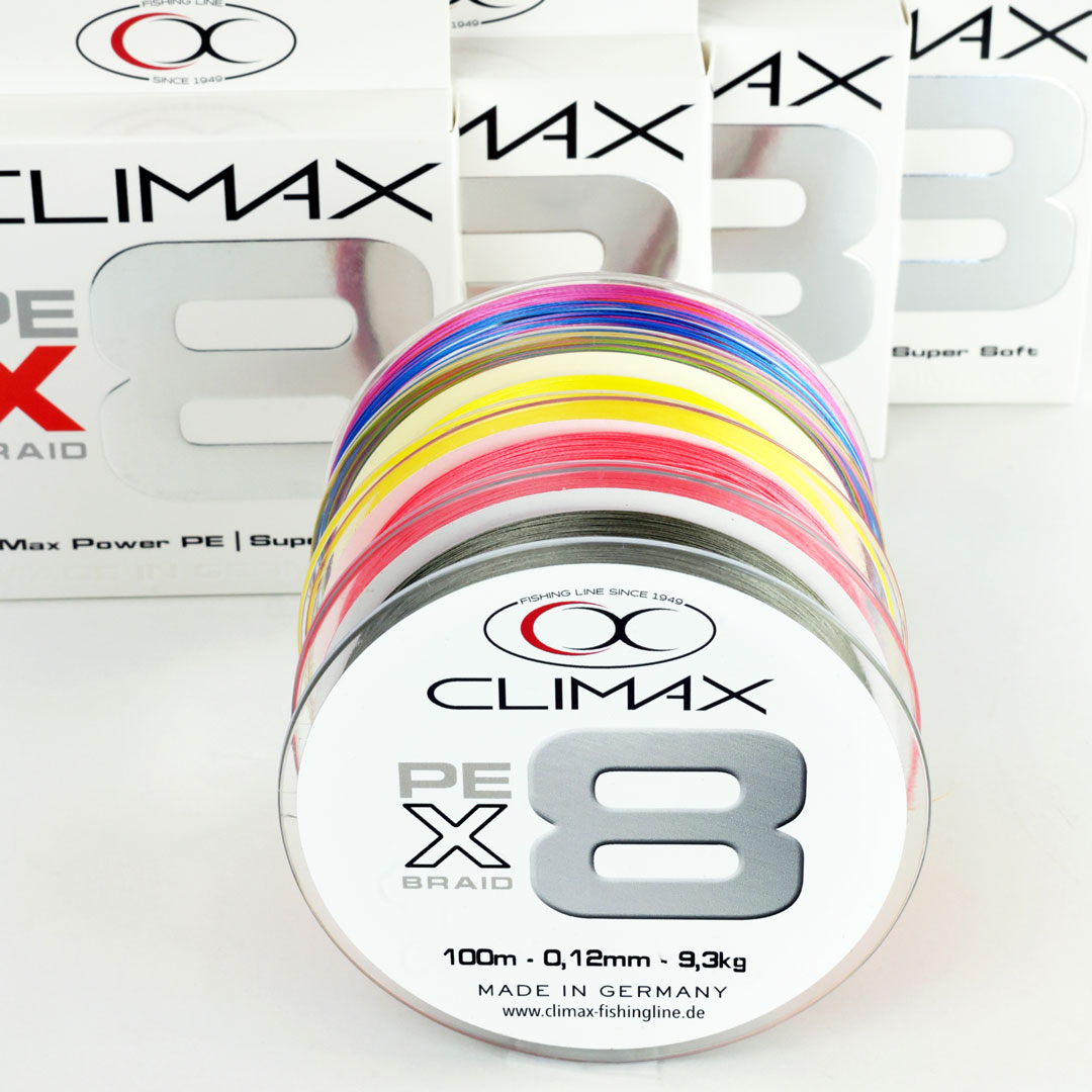 Climax X8 Verpackung gelb hivis schwarz black multicolor Spule Schnur